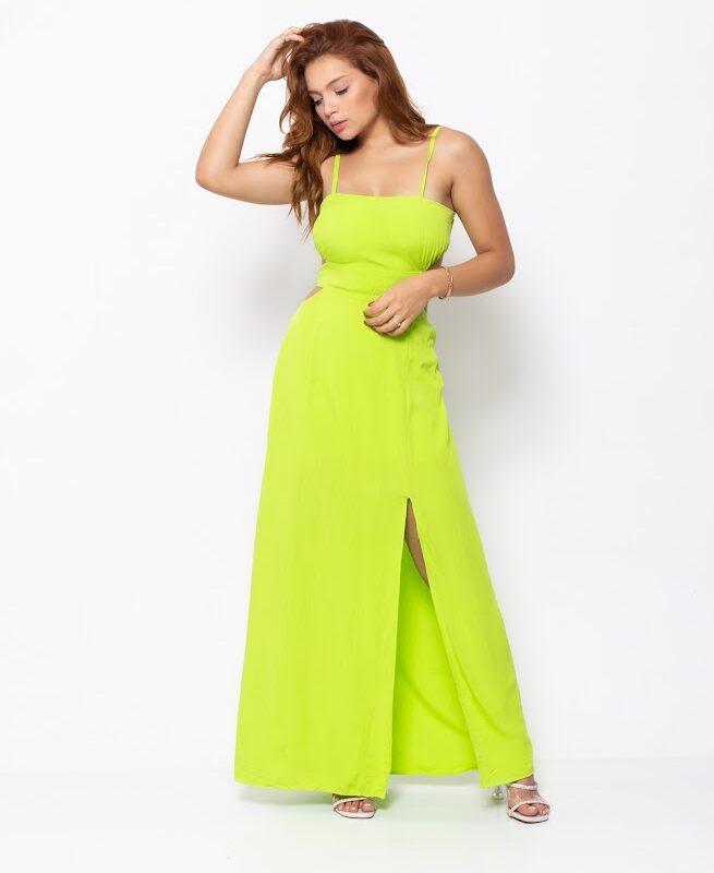 Vestido longo com fenda e alcinha Verde Limão